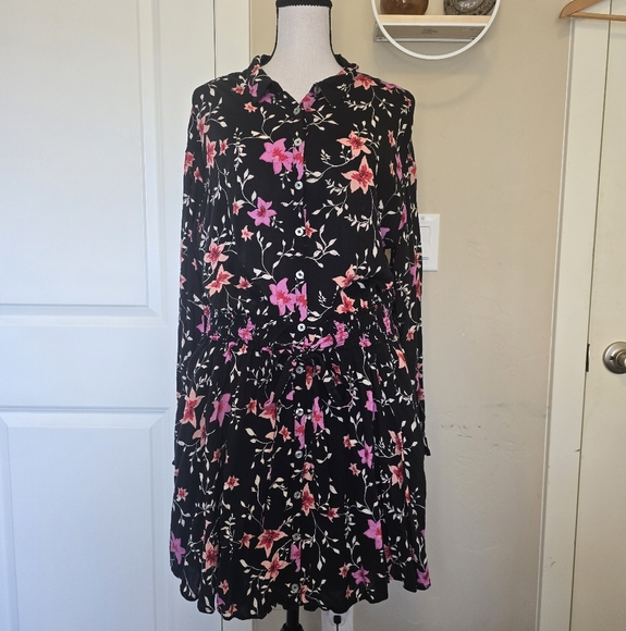 Free People Lighten Up Flowy Floral Mini Dress Large Black Pink Boho Garden - Picture 2 of 12